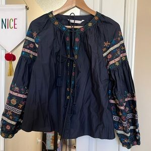 embroidery tie front blouse